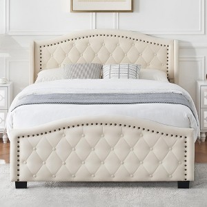 Queen/King Size Upholstered Platform Bed Frame with Tall Headboard - 1 of 4