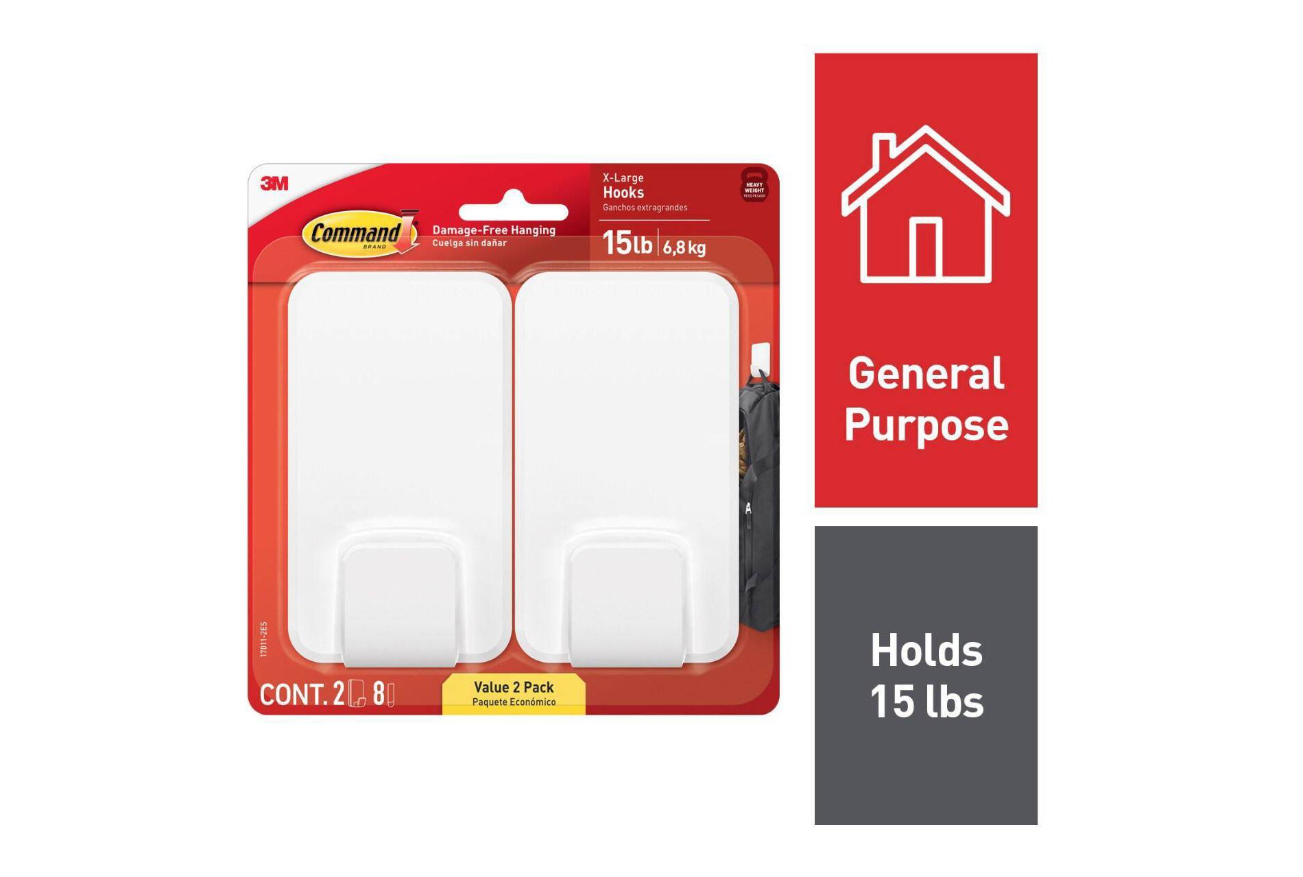 Command Jumbo Double Hook: Heavy Duty Adhesive Hooks, 15 lb Capacity, White, 2 Pack
