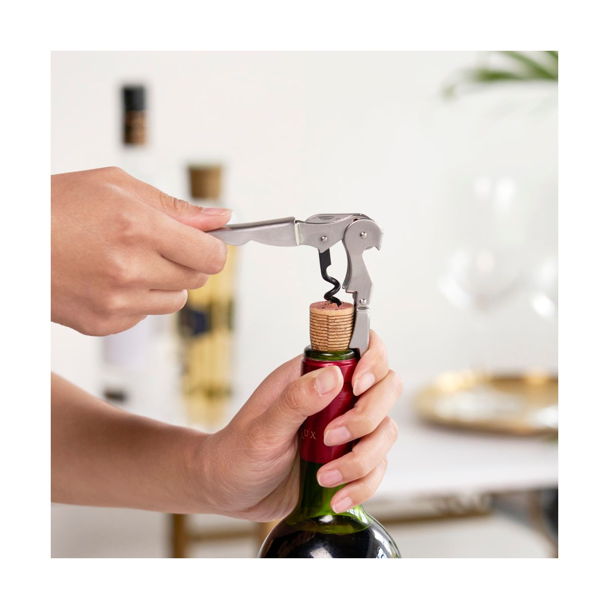 True Truetap Double Hinged Corkscrew Wine Opener, Stainless Steel Wine Key, Built-in Bottle Opener & Foil Cutter, Home Bar, Wedding Gifts, Silver - thumbnail 6
