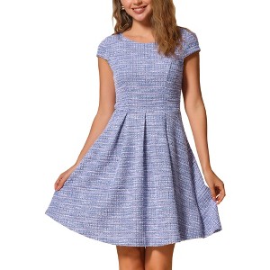 Allegra K Women's Plaid Round Neck Cap Sleeve A-Line Vintage Pleated Dresses - 1 of 4