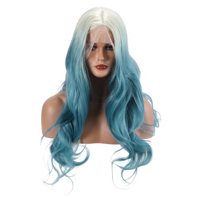 Unique Bargains Women's Long Body Wave Lace Front Wigs with Wig Cap 26" Light Gold Tone Lake Blue 1 Pc