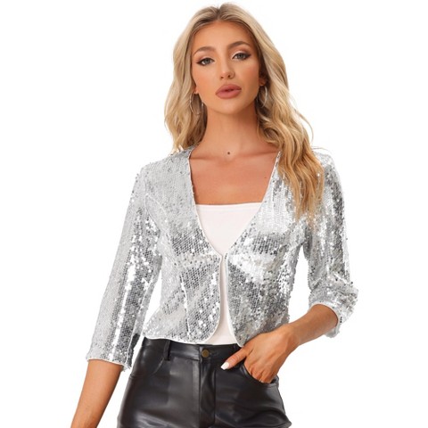 Allegra K Women's Sequin 3/4 Sleeve Open Front Party Shiny Glitter Sparkly Jacket Silver Small