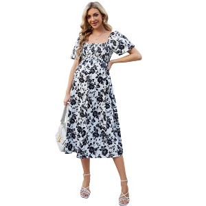 Women's Maternity Puff Sleeve Smocked Maxi Dress Pregnancy Comfortable Long Summer Dress - 1 of 4