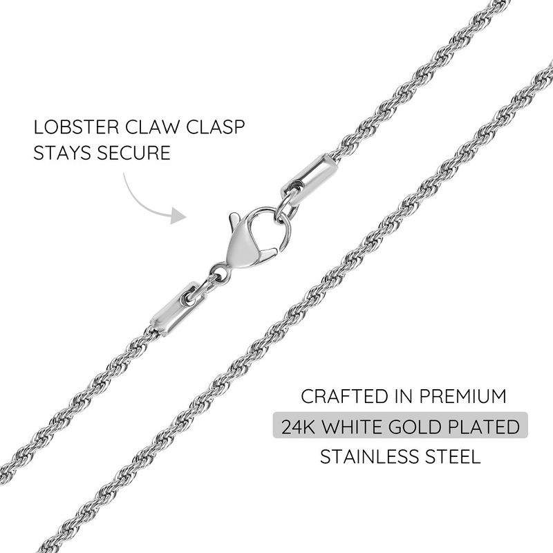 KISPER 24k White Gold Rope Chain Necklace –Thin, Dainty, White Gold Plated Stainless Steel Jewelry for Women & Men with Lobster Clasp, 3 of 8