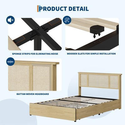Bed Frame with Natural Rattan Headboard, Metal Platform and Strong Wooden Slats Support, No Box Spring Needed