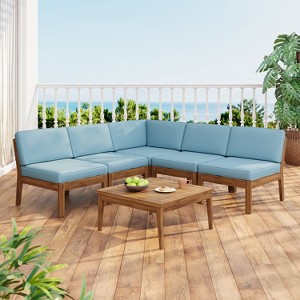 Christopher Knight Home Caelis Rustic 6 Piece Patio Acacia Wood Slatted Seating Set with Cushions - 1 of 4