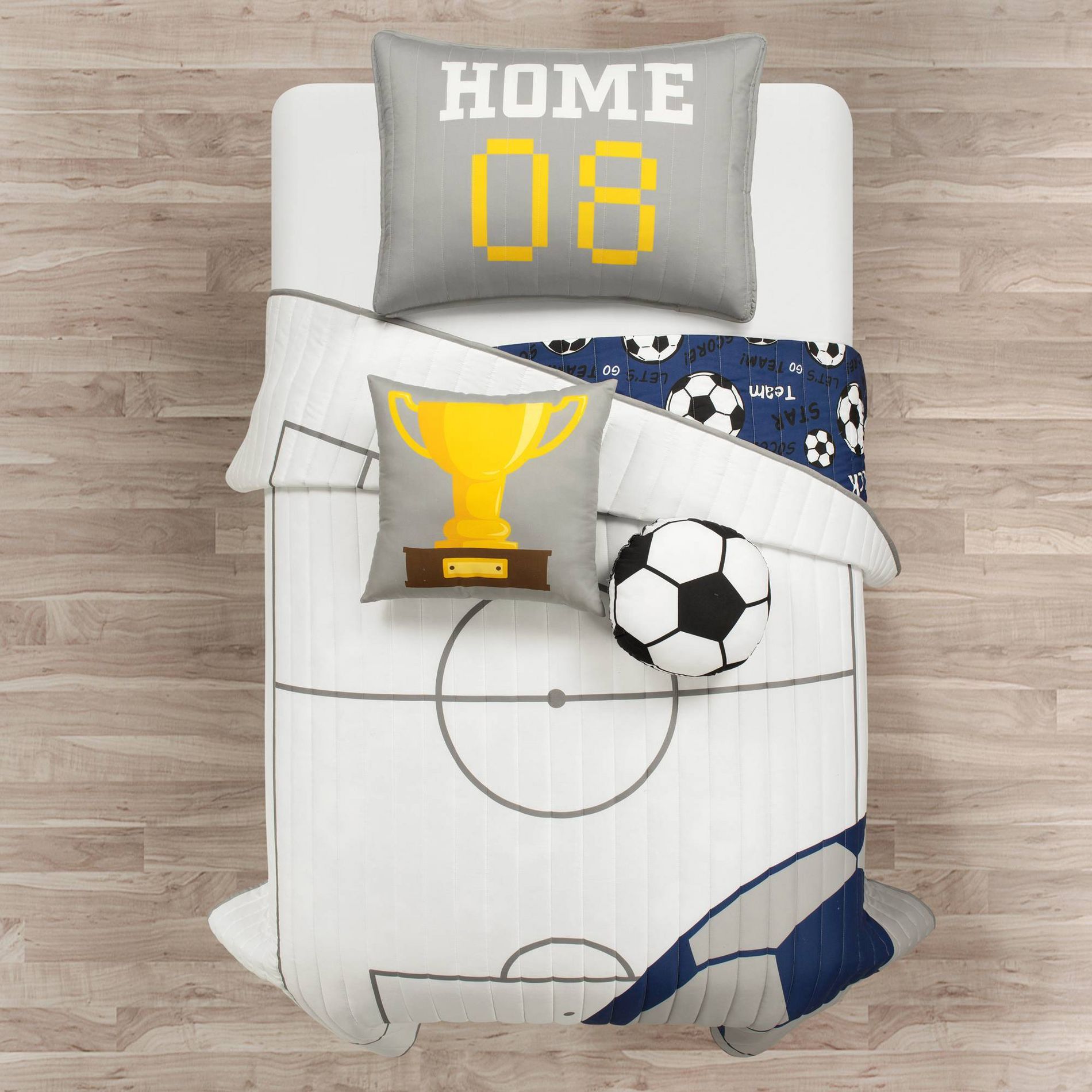 4pc Soccer Game Reversible Oversized Kids' Quilt Set White/Navy Blue- Lush Décor: Boys Sports Bedding, Kids Decor