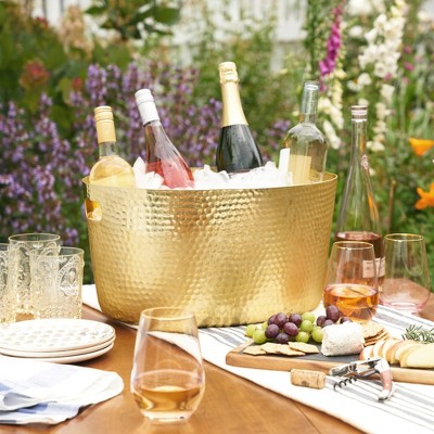 Large Gold Hammered Aluminum Beverage Tub with Handles