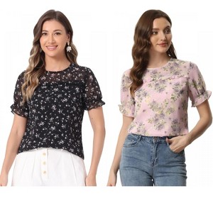 INSPIRE CHIC Women's Chiffon Short Sleeve Ruffled Trim Floral Blouse 2 Packs - 1 of 4