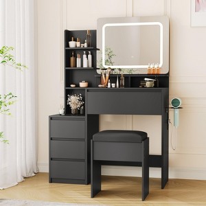 Vanity Desk with Mirror & Lights, Makeup Dressing Table with Power Outlet, 4 Drawers, Storage Shelves & Stool - 1 of 4