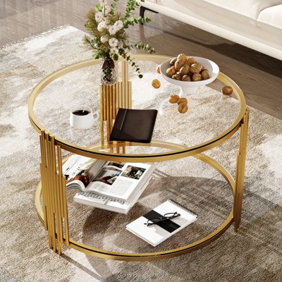 ALEXOUN 31.5 Inch Coffee Table,2-Tier Transparent Circle Glass Center Table with Storage Shelf & Metal Base,for Living Room,Office,Small Spaces