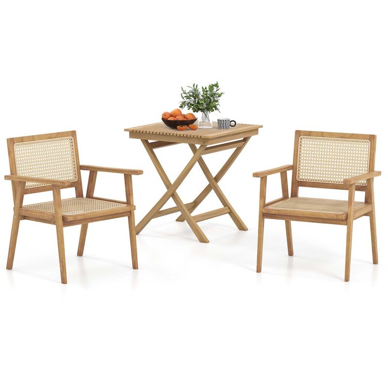 Costway 3 Pieces Patio Table Chair Set Wood Bistro Set with Natural Rattan Seat & Indonesia Teak Wood Frame, 2 of 11