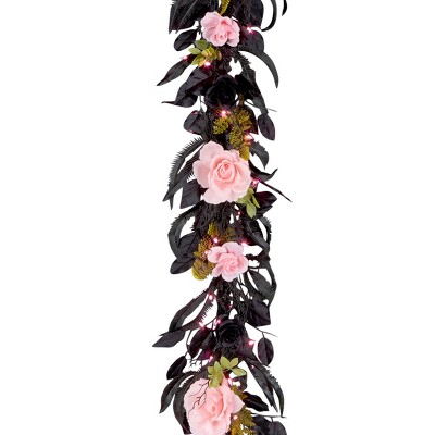 6' Black and Green Halloween Garland with Pink Roses and LED Lights
