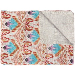 50" X 70" Brown And Pink Floral Cotton Quilted Kantha Throw Blanket with Embroidery - 1 of 4
