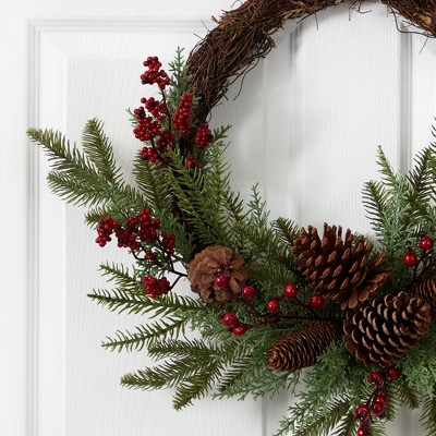 22" Mixed Pine and Cedar Artificial Christmas Wreath with Berries and Pine Cones