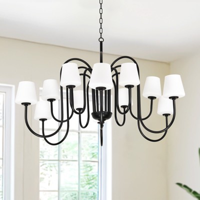 PAKOKULA Modern 12-Light Black Branch Farmhouse Sputnik Chandelier with White Opal Glass Shades for Kitchen Island or Dining Room