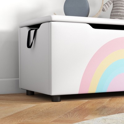 White Kids' Toy Storage Bench with Rainbow Graphic