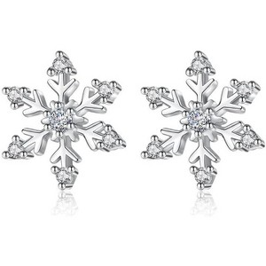 Hypoallergenic 925 Silver Tiny Snowflake Earrings - Sparkling Rhinestone Snowflake Flower Xmas Festive Jewelry - 1 of 4