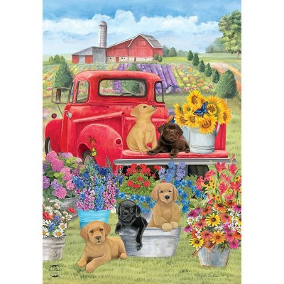 Spring Day Puppies House Flag Red Pickup Truck Floral 28" x 40" Briarwood Lane