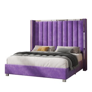 Bed Frame with 58" tall Headboard, Velvet Upholstered Platform bed - 1 of 4