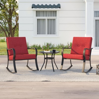 Sonkuki 3 Pieces Patio Bistro Set, Outdoor Funiture Set with 2 Rocking Chairs, Tempered Glass Top Coffee Table and Cushion
