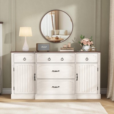 Large Sideboard Buffet with 5 Drawers, 2 Doors & Adjustable Shelves, Wood Coffee Bar Table Cabinet