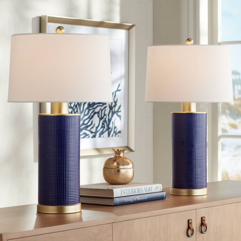 360 Lighting Gilson 24 1/2" High Modern Coastal Glam Table Lamps Set of 2 Gold Textured Blue Finish Ceramic White Shade Living Room Bedroom Bedside, 2 of 9