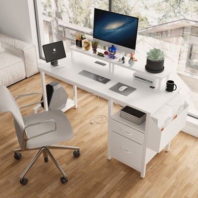 VYNXARIA 47.3" White Office Desk with 2 Monitor Stands, 2 Drawers, Side Pocket & Reversible Frame - Ideal for Home, Gaming & Work