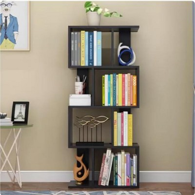 4 Tier Bookshelf, Tall Geometric Bookcase, Wooden Standing Shelf, Modern S-Shaped Decorative Storage Shelving For Bedroom, Living Room, Home Office