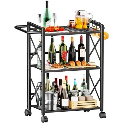 Simple Trending Rolling Cart, 3 Tier Bar Cart with Wheels, Heavy Duty Metal Storage Dining Cart for Kitchen, Black
