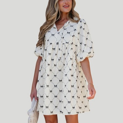 Amaryllis Women’s Puff Sleeve Babydoll Dress Mini Length Tie Neckline Lightweight Woven Fabric Allover Bow Print- Large ,White