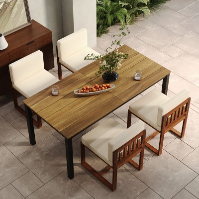 Coolbibila Modern 5 Piece Outdoor Patio Dining Set,Wooden Outdoor Rectangular Patio Garden Table for 4 and Fabric Upholstered Chair