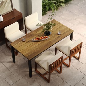 Coolbibila Modern 5 Piece Outdoor Patio Dining Set,Wooden Outdoor Rectangular Patio Garden Table for 4 and Fabric Upholstered Chair - 1 of 4