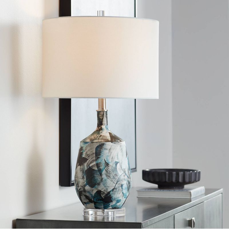 Possini Euro Design Modern Table Lamp 26" High Blue Brushstrokes Ceramic White Fabric Drum Shade for Living Room Bedroom House, 2 of 9