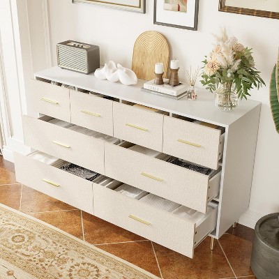 Nasitip 8 Drawer Dresser, Fabric Pattern Chest of Drawer with Gold Metal Handles and Legs, TV Stand/Storage Organizer for Living Room, Hallway