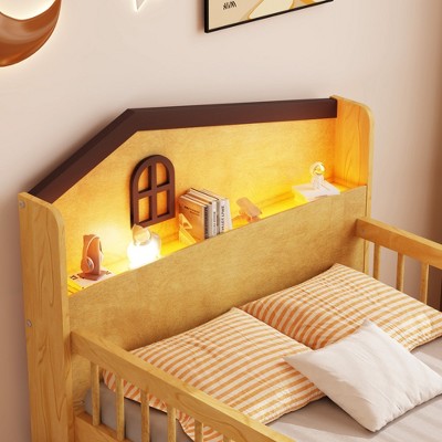 Loft bed headboard with built-in shelves and LED lights