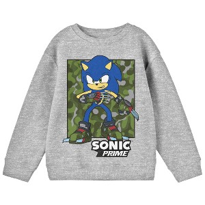 Sonic Prime Sonic On Camo Background Crew Neck Long Sleeve Athletic Heather Youth Sweatshirt - 1 of 2