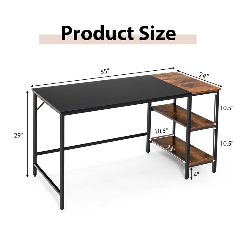 Costway 55'' Computer Desk Writing Workstation Study Table Home Office with Bookshelf Black/Rustic, 4 of 11