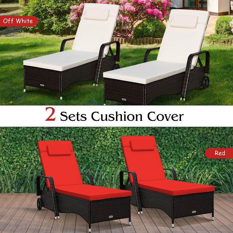 2PCS Patio Rattan Lounge Chair Chaise Recliner Adjust withRed & Off White Cover, 4 of 11