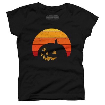 Girl's Design By Humans Vintage Retro Sunset Halloween Pumpkin I By lemonpepper T-Shirt
