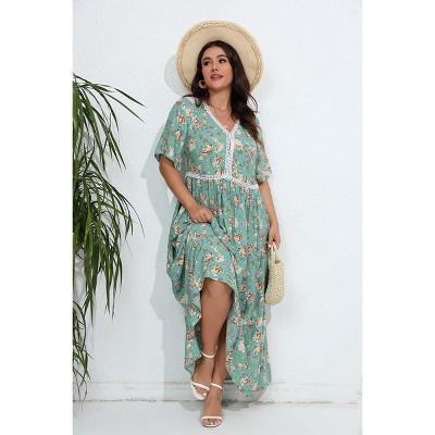 Womens Plus Size V Neck Casual Maxi Dress Ruffle Short Sleeves Boho Summer Printed Floral Long Dress