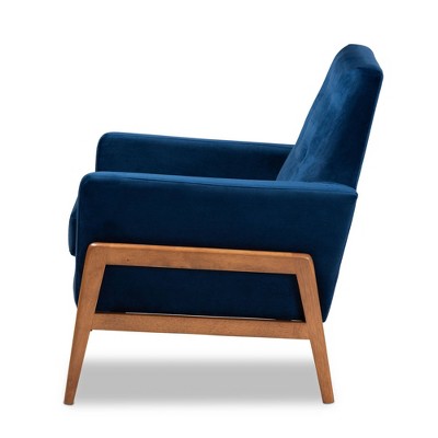 Navy Blue Velvet & Walnut Brown Wood Accent Chair