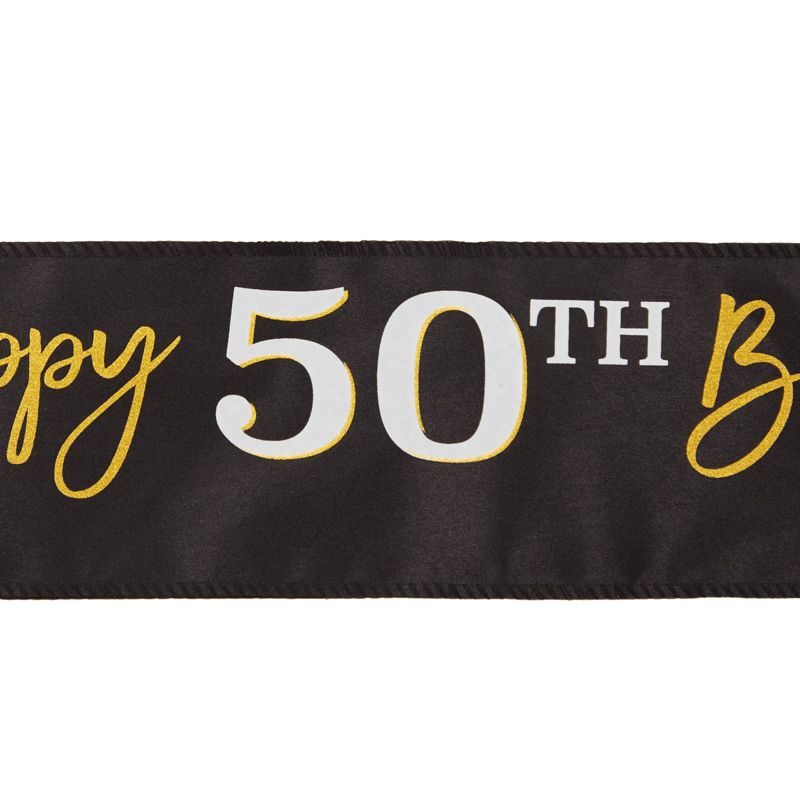 Sparkle and Bash 4 Piece 50th Birthday Party Supplies, Button Pin, Sash, Hat, Blower (Black, Gold), 3 of 8