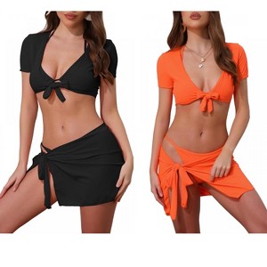 INSPIRE CHIC Women's Tie Knot Halter Ribbed Short Sleeve Cover Up Set Triangle Bottom Swimwear Bathing Bikini Suits 2 Sets - 1 of 4