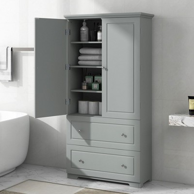 Bathroom Storage Cabinet, Freestanding Storage Cabinet with Two Drawers and Adjustable Shelf, MDF Board with Painted Finish