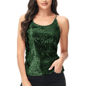 Anna-Kaci Women's Scoop Neck Razer Back Sequin Spaghetti Strap Camisole Tank Top Blouse - 1 of 4