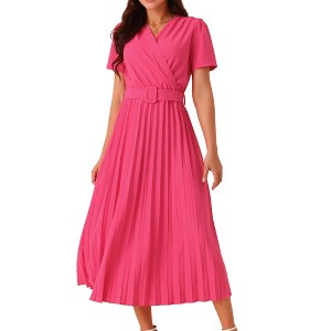 Seta T Women's Casual Short Sleeve Wrap V Neck Flowy Pleated Midi Dress with Belt - 1 of 4