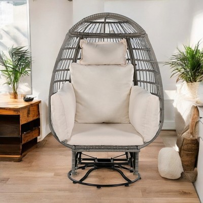 Outdoor Swivel Rocker Egg Chair with Cushions, Grey Wicker Patio Chair with 360° Rotation and Rocking Function for Garden, Balcony, and Poolside