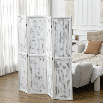 Rustic White 4-Panel Woodgrain Folding Room Divider