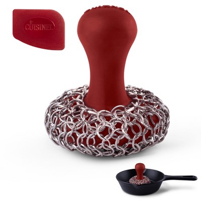 Cuisinel Cast Iron Chainmail Scrubber + Pan Scraper - Patented Original Ergonomic Stainless & Silicone Cleaner - Easy Clean Dishwasher Safe Cookware.